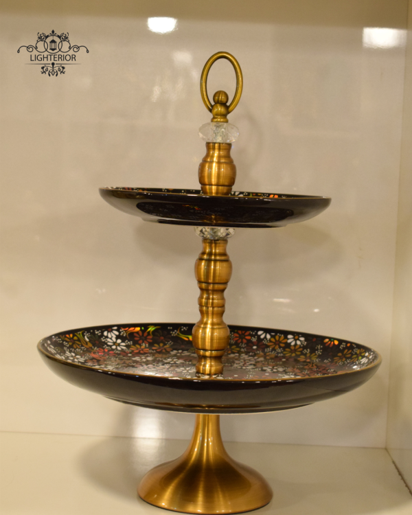 Two-Tier Decorative Serving Stand with Floral Detailing and Antique Gold Finish