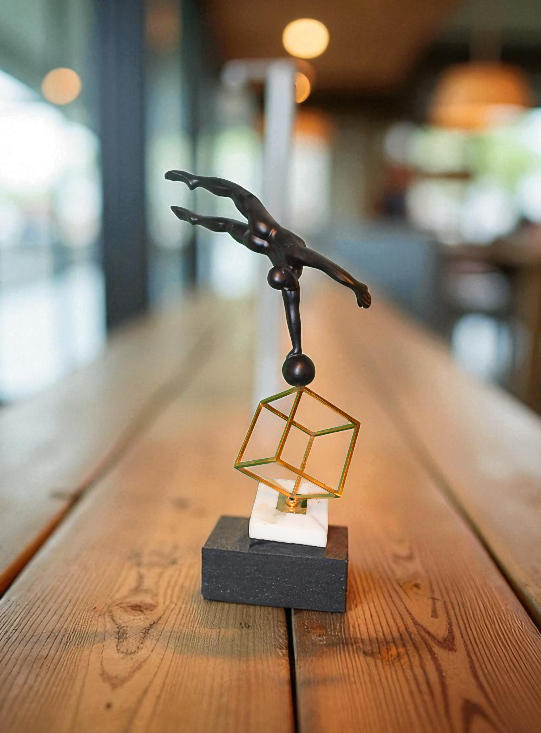 Modern Art Balancing Figure Sculpture on Geometric Base