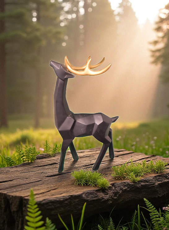007 Geometric Black Deer Sculpture with Golden Antlers