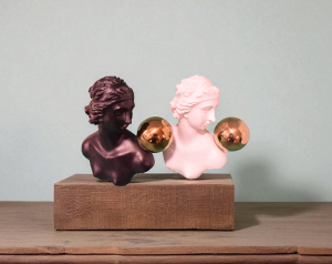 Dual Classical Bust Sculptures with Golden Spheres