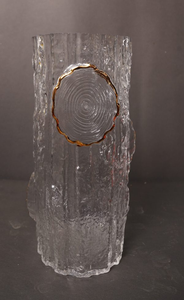 Clear Textured Glass Log-Inspired Vase with Gold Detailing
