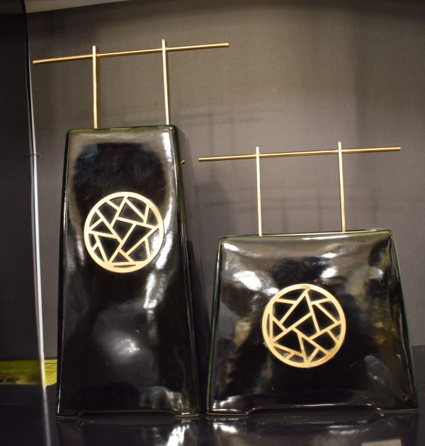Modern Black Ceramic Vases with Gold Geometric Accents