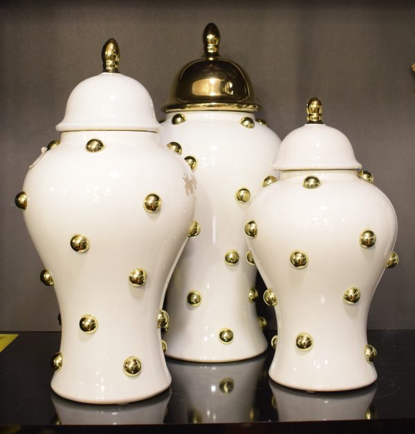 DSC_0440 White Ceramic Lidded Jars with Gold Stud Accents