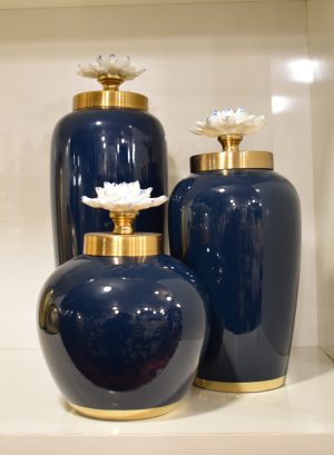 Elegant Navy Blue Ceramic Jar Set with Golden Accents