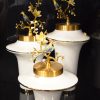 White Ceramic Vases with Golden Bird & Flower Lid Design