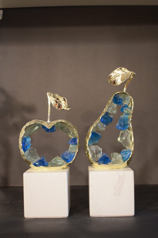 Gold Apple & Pear Sculptures with Blue Crystal Inlay