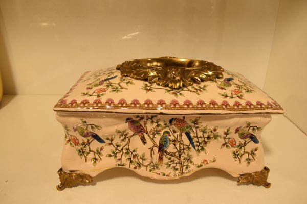 DSC_0758 Vintage Porcelain Bird Motif Box with Ornate Brass Trim