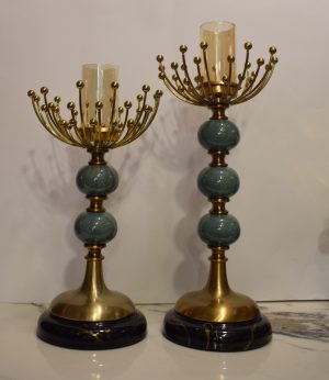 Antique Gold & Green Marble Candle Holders with Glass Shades