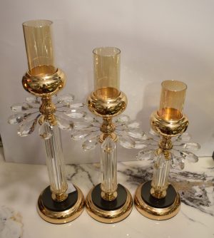 Crystal & Gold Tall Candle Holders with Amber Glass