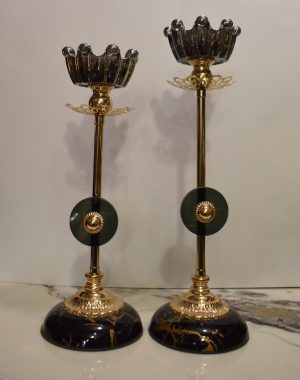 Vintage Gold & Black Candle Holders with Decorative Glass Tops