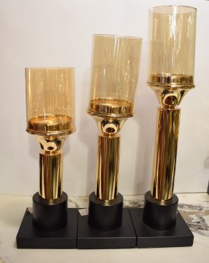 Luxury Hurricane Candle Holder–Gold & Black Base with Amber Glass Shades