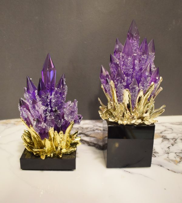 Golden Flame and Amethyst Crystal Cluster Sculptures