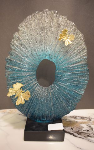 Ocean Ripple Glass Sculpture with Golden Butterflies