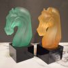 Frosted Glass Horse Head Sculptures on Black Bases-Pair