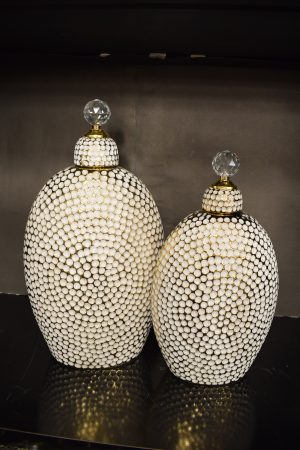 White Mosaic Ceramic Jars with Crystal Knob Lids
