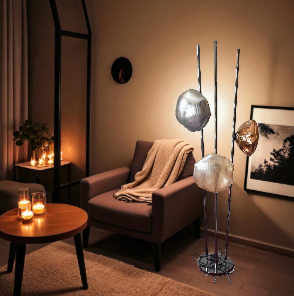 Modern Triple Globe Floor Lamp – Metallic Silver, Copper & Champagne Shades
