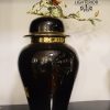 Black Porcelain Jar with Floral Branch Lid in Gold and Enamel Finish