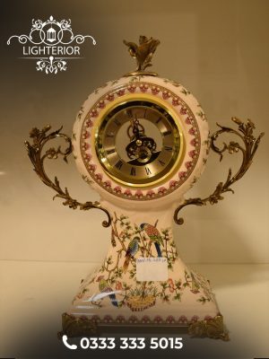 Porcelain Mantel Clock with Hand-Painted Birds & Floral Vine Motif