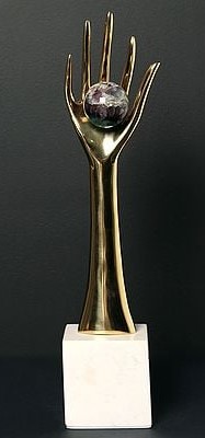 Golden Hand Sculpture with Crystal Sphere