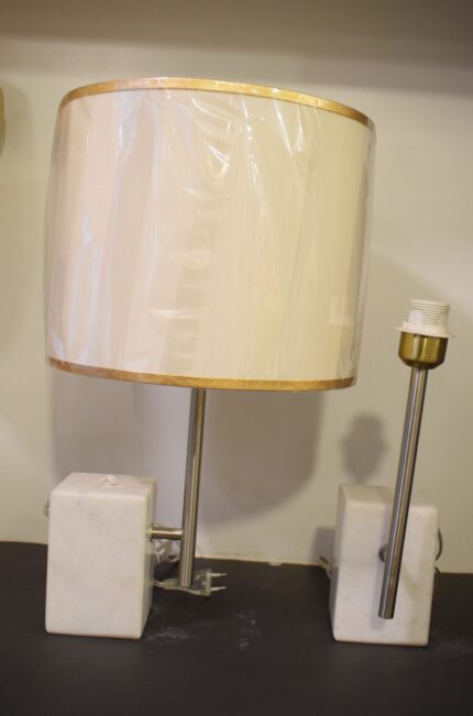 White Marble Base Table Lamp with Gold-Trimmed Beige Shade- Pair
